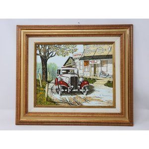Vintage H. Hargrove Framed Serigraph Oil Painting‎ Dr Sullys Cough Cure Red Car